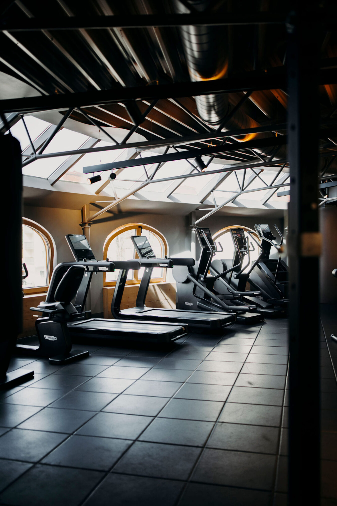 Fitness mit Ausblick: Moderne Technogym Geraete im Gym eines Sporthotels in Salzburg Land